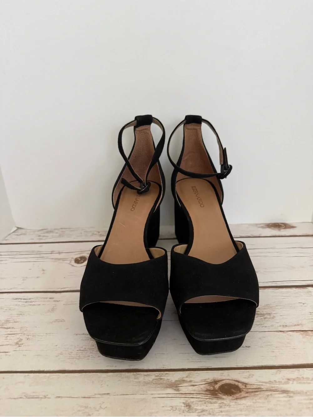 Bernardo Raleigh  Black Suede Platform Block Heel Ankle Strap Sandal